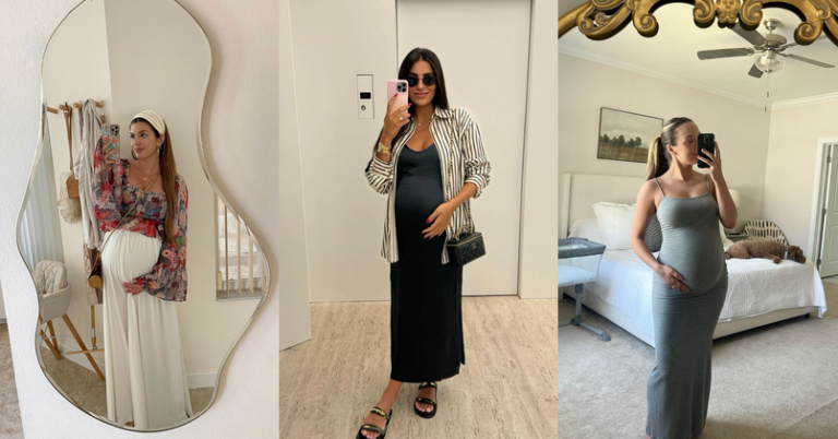 Collage of casual pregnancy outfit ideas