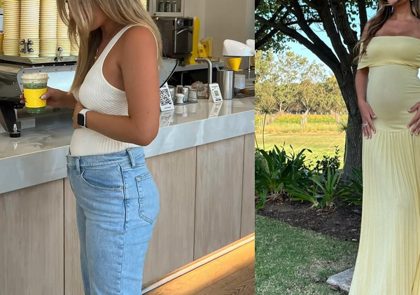 Collage of pregnancy work outfit ideas