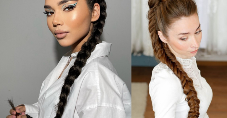 Collage of sleek braided ponytail hairstyle ideas