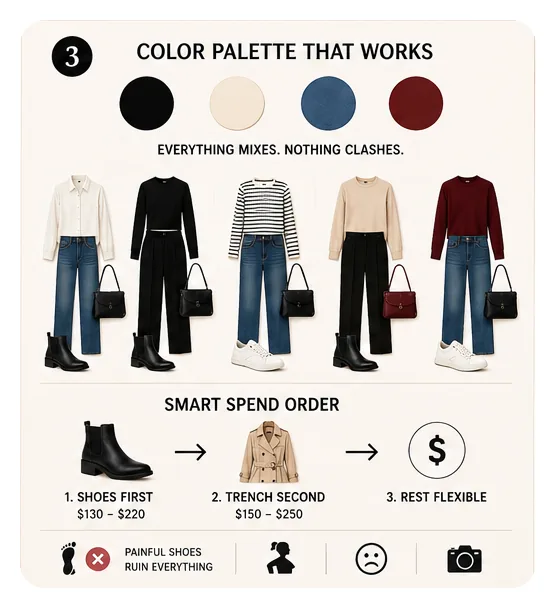 Neutral Paris capsule color palette and smart spend order for shoes and trench coat