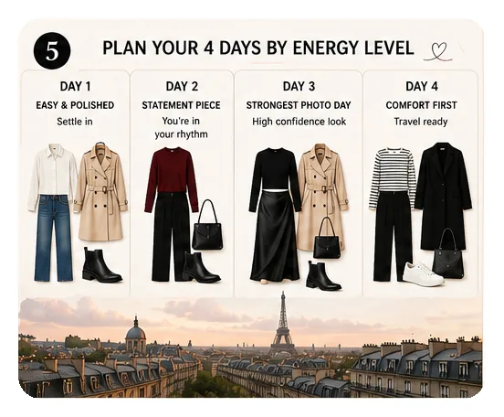 Four day Paris outfit plan by energy level from settle-in to travel day
