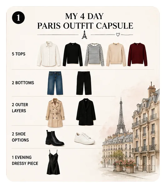 4 day paris outfit capsule inventory with 5 tops, 2 bottoms, 2 outer layers, and shoe options