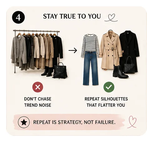 Repeat flattering silhouettes instead of trend chasing for Paris travel style